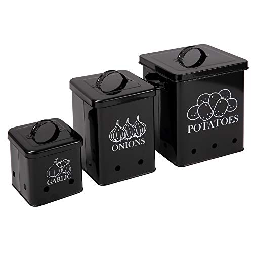 Xbopetda Food Storage Container for Potato, Onion and Garlic, Canister Sets for Kitchen Counter, Square Vegeatable Storage Pots, Kitchen Storage Jars with Aerating Tin Storage Holes & Lid-Black