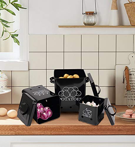 Xbopetda Food Storage Container for Potato, Onion and Garlic, Canister Sets for Kitchen Counter, Square Vegeatable Storage Pots, Kitchen Storage Jars with Aerating Tin Storage Holes & Lid-Black