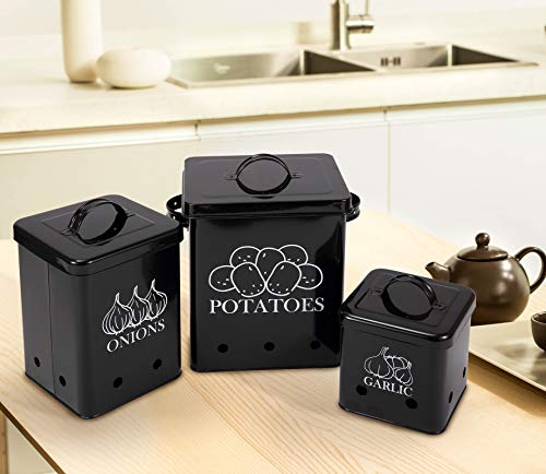 Xbopetda Food Storage Container for Potato, Onion and Garlic, Canister Sets for Kitchen Counter, Square Vegeatable Storage Pots, Kitchen Storage Jars with Aerating Tin Storage Holes & Lid-Black