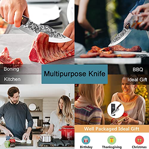 Huusk Hand Forged Butcher Knife High Carbon Steel Boning Knives Kitchen Vegetable Meat Cleaver Outdoor Chef Knife Multipurpose Breaking Skinning Fillet Knife for Barbecue, BBQ, Camping