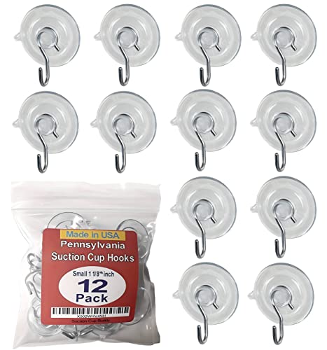 SCB-12 Pak Small 1 1/8-inch Pennsylvania Heavy Duty Suction Cup Hooks for Glass Windows. Signs Holiday Ornaments Suncatchers