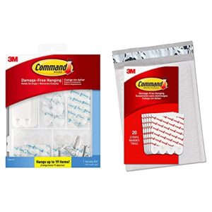 command clear variety kit, hooks and strips to hang up to 19 items, organize damage-free & large refill replacement strips for indoor hooks, white, 20-strips - easy to open packaging