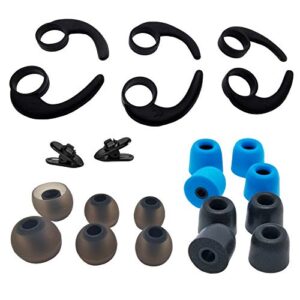 pack: 3 pairs (lms) ear wing rubber ear hooks universal stabilizer, 4 pairs (m) memory foam replacement earbud tips, 3 pairs (lms) silicone ear tips replacement for in ear earbuds, 2 pcs cord clips