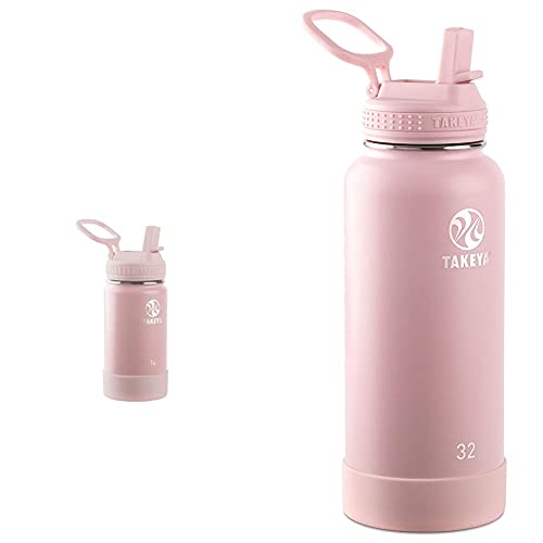 Takeya Actives Kids Insulated Stainless Steel Water Bottle with Straw Lid, 14 Ounce, Blush & Actives Insulated Stainless Steel Water Bottle with Straw Lid, 32 Ounce, Blush