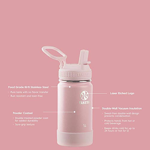 Takeya Actives Kids Insulated Stainless Steel Water Bottle with Straw Lid, 14 Ounce, Blush & Actives Insulated Stainless Steel Water Bottle with Straw Lid, 32 Ounce, Blush