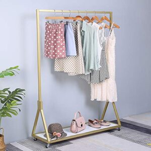 ethemiable clothing store modern rolling clothing display stands with wheels,storage shoe bag pipe shelf,organization garment rack,home clothes hanging shelves（gold with wood board, 47.2" l）