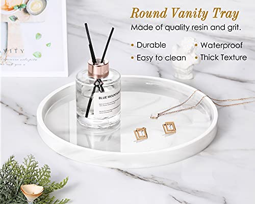 Luxspire Round Tray, Resin Bathroom Vanity Tray 11 inch Kitchen Sink Storage Tray, Tray Countertop Organizer for Coffee Perfume Soap Tray Towel Dresser Jewelry Cosmetic Dish, Marble White