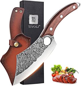 tivoli viking meat cleaver knife with sheath, hand-forged carbon steel full tang cooking knife, caveman viking butcher knife for kitchen outdoor camping bbq