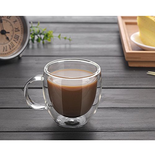 MISNODE Insulated Glass Coffee Mugs, 2pcs Double Walled Espresso Cup Double Wall Insulated Coffee Cup with Handle, Clear Borosilicate Glass Mug for Latte Cappuccino Tea Beverages Ice Coffee