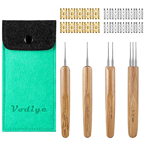 Vodiye Dreadlock Crochet Hook for Hair, 0.5mm 0.75mm Steel Locs Crochet Needle for Hair, Professional Dreadlock Crochet Needle with Bamboo Handle, Dreadlocks Beads Mixed Golden Silver for Braid Craft