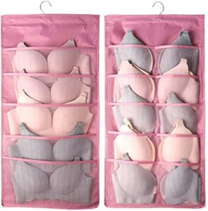 storage hanging bag, dual-sided hanging bra storage organizer with metal hanger, dual-sided hanging storage organiser for underwear, panties,stocking,bra and sock (expand 5+10 pockets, pink)