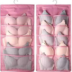 Storage Hanging Bag, Dual-Sided Hanging Bra Storage Organizer with Metal Hanger, Dual-Sided Hanging Storage Organiser for Underwear, Panties,Stocking,Bra and Sock (Expand 5+10 Pockets, Pink)