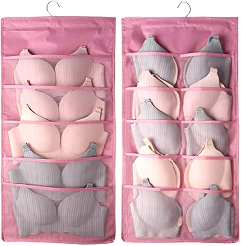 Storage Hanging Bag, Dual-Sided Hanging Bra Storage Organizer with Metal Hanger, Dual-Sided Hanging Storage Organiser for Underwear, Panties,Stocking,Bra and Sock (Expand 5+10 Pockets, Pink)