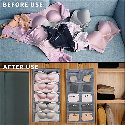 Storage Hanging Bag, Dual-Sided Hanging Bra Storage Organizer with Metal Hanger, Dual-Sided Hanging Storage Organiser for Underwear, Panties,Stocking,Bra and Sock (Expand 5+10 Pockets, Pink)