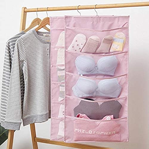 Storage Hanging Bag, Dual-Sided Hanging Bra Storage Organizer with Metal Hanger, Dual-Sided Hanging Storage Organiser for Underwear, Panties,Stocking,Bra and Sock (Expand 5+10 Pockets, Pink)