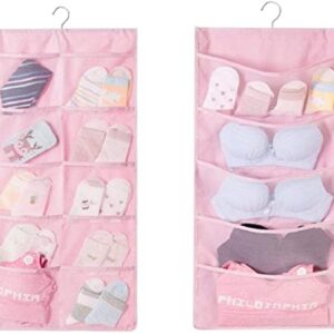 Storage Hanging Bag, Dual-Sided Hanging Bra Storage Organizer with Metal Hanger, Dual-Sided Hanging Storage Organiser for Underwear, Panties,Stocking,Bra and Sock (Expand 5+10 Pockets, Pink)