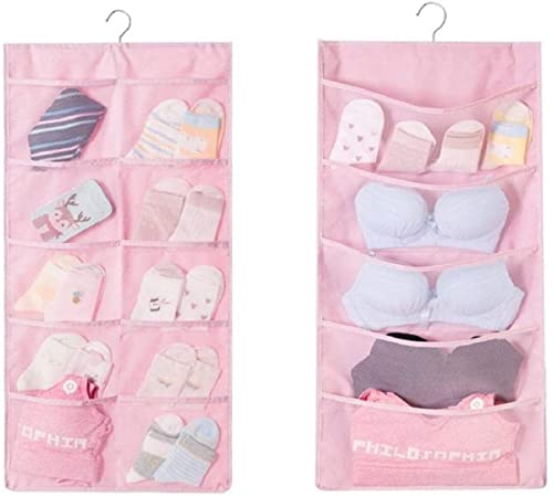 Storage Hanging Bag, Dual-Sided Hanging Bra Storage Organizer with Metal Hanger, Dual-Sided Hanging Storage Organiser for Underwear, Panties,Stocking,Bra and Sock (Expand 5+10 Pockets, Pink)