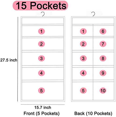 Storage Hanging Bag, Dual-Sided Hanging Bra Storage Organizer with Metal Hanger, Dual-Sided Hanging Storage Organiser for Underwear, Panties,Stocking,Bra and Sock (Expand 5+10 Pockets, Pink)