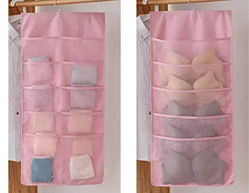 Storage Hanging Bag, Dual-Sided Hanging Bra Storage Organizer with Metal Hanger, Dual-Sided Hanging Storage Organiser for Underwear, Panties,Stocking,Bra and Sock (Expand 5+10 Pockets, Pink)