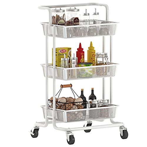 PUSDON 3-Tier Rolling Utility Cart, Metal Mesh Trolley Service Cart with Locking Wheels and Removable Handles, Heavy Duty Organizer Storage Cart for Office Bar Kitchen Bathroom Living Room Use, White