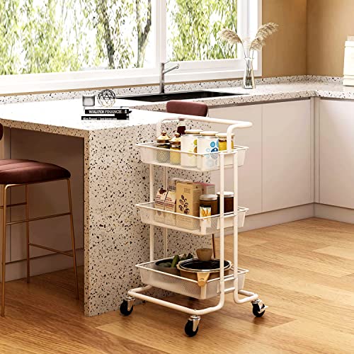 PUSDON 3-Tier Rolling Utility Cart, Metal Mesh Trolley Service Cart with Locking Wheels and Removable Handles, Heavy Duty Organizer Storage Cart for Office Bar Kitchen Bathroom Living Room Use, White