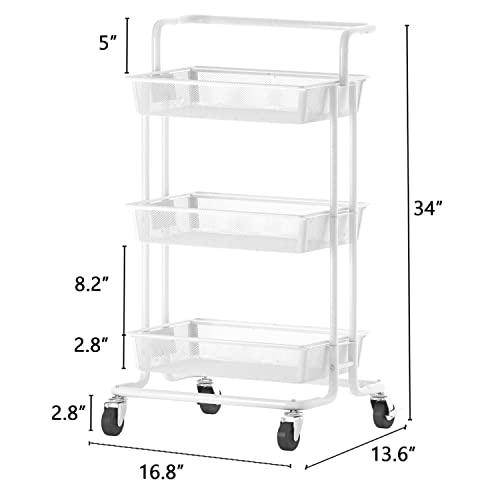 PUSDON 3-Tier Rolling Utility Cart, Metal Mesh Trolley Service Cart with Locking Wheels and Removable Handles, Heavy Duty Organizer Storage Cart for Office Bar Kitchen Bathroom Living Room Use, White