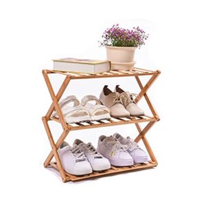 ZhiehiusL 3-Tier Bamboo Shoe Rack for Entryway, Stackable | Foldable, Shoe Storage Organizer for Bedroom Hallway Closet Living Room, Free Standing Shoe Racks for Indoor Outdoor (Natural Bamboo)