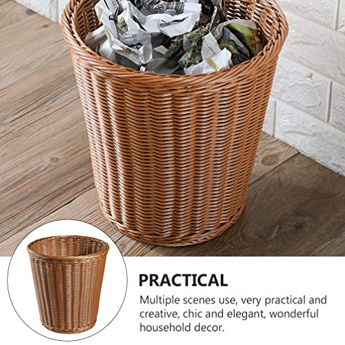 VOSAREA 1PC Plastic Wastebasket Simulated Rattan Woven Trash Basket Home Garbage Container Wastebasket Retro Waste bin (Imitated Rattan Style)