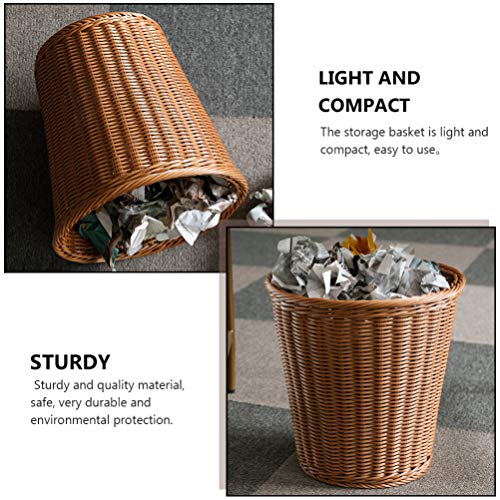 VOSAREA 1PC Plastic Wastebasket Simulated Rattan Woven Trash Basket Home Garbage Container Wastebasket Retro Waste bin (Imitated Rattan Style)