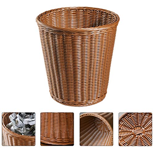 VOSAREA 1PC Plastic Wastebasket Simulated Rattan Woven Trash Basket Home Garbage Container Wastebasket Retro Waste bin (Imitated Rattan Style)