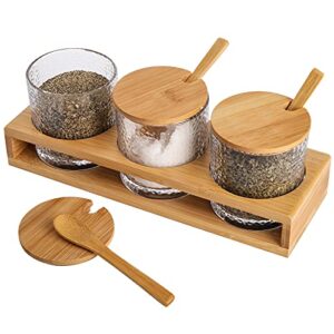 zeayea set of 3 seasoning box, salt sugar storage container with bamboo lid spoon and tray, spice pots for kitchen cooking supplies, glass condiments container jars for home coffee bar restaurant