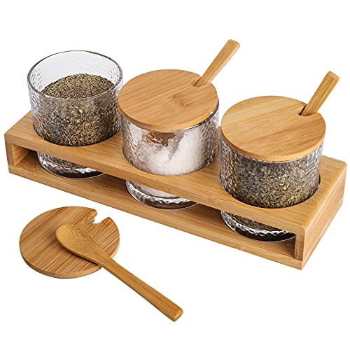 ZEAYEA Set of 3 Seasoning Box, Salt Sugar Storage Container with Bamboo Lid Spoon and Tray, Spice Pots for Kitchen Cooking Supplies, Glass Condiments Container Jars for Home Coffee Bar Restaurant