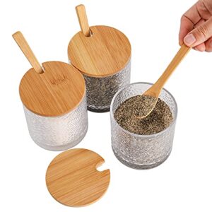 ZEAYEA Set of 3 Seasoning Box, Salt Sugar Storage Container with Bamboo Lid Spoon and Tray, Spice Pots for Kitchen Cooking Supplies, Glass Condiments Container Jars for Home Coffee Bar Restaurant