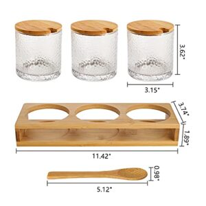 ZEAYEA Set of 3 Seasoning Box, Salt Sugar Storage Container with Bamboo Lid Spoon and Tray, Spice Pots for Kitchen Cooking Supplies, Glass Condiments Container Jars for Home Coffee Bar Restaurant