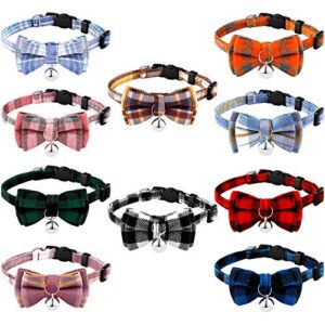 Weewooday 10 Pieces Breakaway Cat Collar with Bow Tie and Bell, Kitten Collar for Cat, Adjustable Cute Plaid Kitty Safety Collars for Graduation Wedding Birthday Pet Party