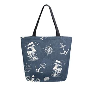 canvas tote bags reusable nautical anchor compass octopus sailboat large canvas handbag purse shoulder shopping bag for women grocery bag with zipper pouch