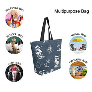 Canvas Tote Bags Reusable Nautical Anchor Compass Octopus Sailboat Large Canvas Handbag Purse Shoulder Shopping Bag for Women Grocery Bag with Zipper Pouch