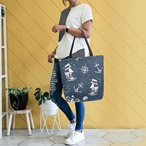 Canvas Tote Bags Reusable Nautical Anchor Compass Octopus Sailboat Large Canvas Handbag Purse Shoulder Shopping Bag for Women Grocery Bag with Zipper Pouch