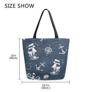 Canvas Tote Bags Reusable Nautical Anchor Compass Octopus Sailboat Large Canvas Handbag Purse Shoulder Shopping Bag for Women Grocery Bag with Zipper Pouch