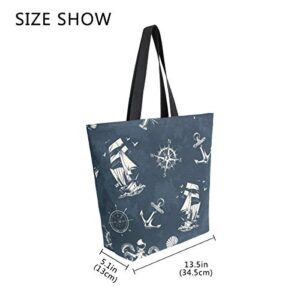 Canvas Tote Bags Reusable Nautical Anchor Compass Octopus Sailboat Large Canvas Handbag Purse Shoulder Shopping Bag for Women Grocery Bag with Zipper Pouch