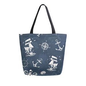 Canvas Tote Bags Reusable Nautical Anchor Compass Octopus Sailboat Large Canvas Handbag Purse Shoulder Shopping Bag for Women Grocery Bag with Zipper Pouch