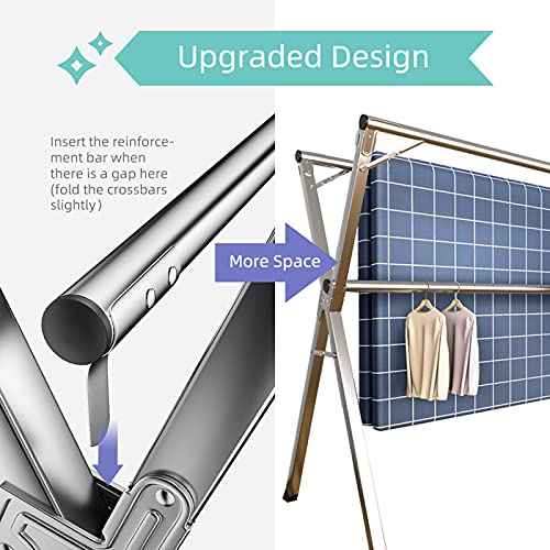 YACASA Clothes Drying Rack, 79 inch Heavy Duty Stainless Steel Laundry Drying Rack, Foldable &Length Adjustable Space Saving Garment Rack, with 20 Windproof Hooks.