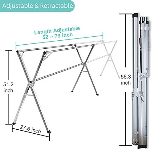 YACASA Clothes Drying Rack, 79 inch Heavy Duty Stainless Steel Laundry Drying Rack, Foldable &Length Adjustable Space Saving Garment Rack, with 20 Windproof Hooks.