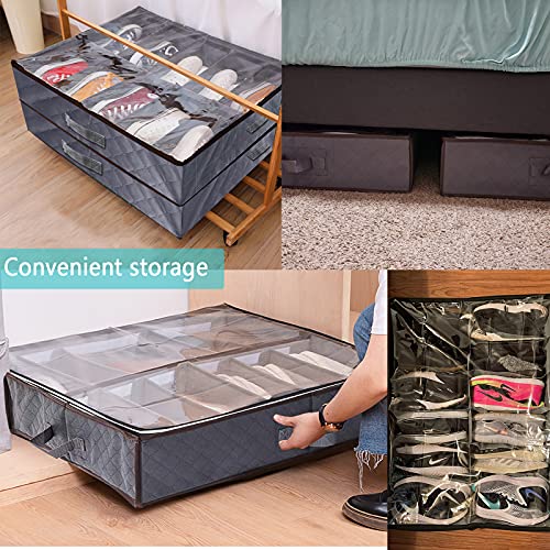 VINIKE Under Bed Shoe Storage Organizer 2 Set Fits Total 24 Pairs Clear Foldable Shoes Organizer with Reinforced Handles and Clear Top Cover for Kids & Adults Underbed Shoes Storage Containers (Grey)