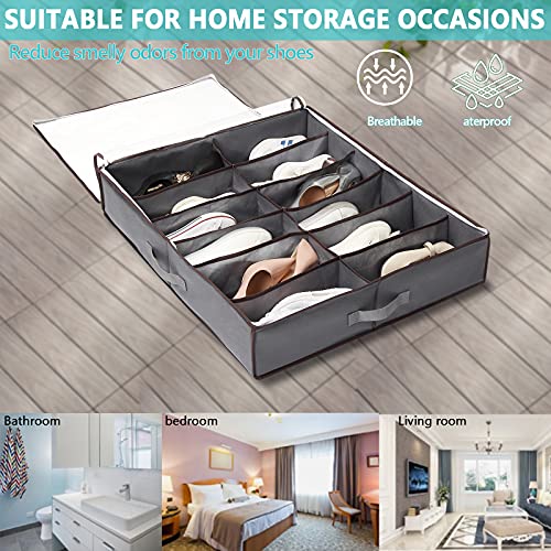 VINIKE Under Bed Shoe Storage Organizer 2 Set Fits Total 24 Pairs Clear Foldable Shoes Organizer with Reinforced Handles and Clear Top Cover for Kids & Adults Underbed Shoes Storage Containers (Grey)