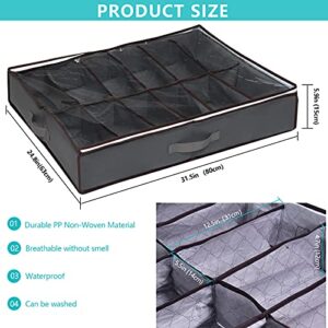 VINIKE Under Bed Shoe Storage Organizer 2 Set Fits Total 24 Pairs Clear Foldable Shoes Organizer with Reinforced Handles and Clear Top Cover for Kids & Adults Underbed Shoes Storage Containers (Grey)