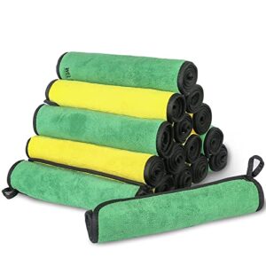 yantu plush microfiber car drying towel 24” x 12” (16 pack) multipurpose edgeless cleaning towel for household, auto washing, car drying, detailing (yellow+green)