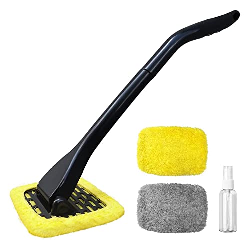 Sonrinss Windshield Cleaning Tool, Car Window Cleaner Auto Glass Cleaner Car Windshield Brush with 2 Washable Reusable Cloth and Spray Bottle for Home & Car Interior Exterior Use