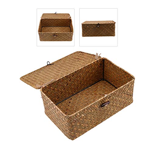 VORCOOL Rattan Storage Basket, Straw Seaweed Basket, Hand- Woven Storage Basket Multipurpose Container with Lid for Desktop Home Decoration (Size L)