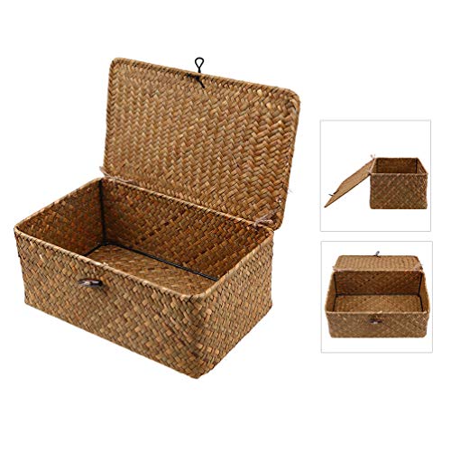 VORCOOL Rattan Storage Basket, Straw Seaweed Basket, Hand- Woven Storage Basket Multipurpose Container with Lid for Desktop Home Decoration (Size L)